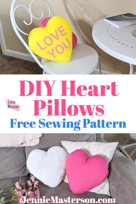 Learn how to make an adorable heart shaped pillow with a free sewing pattern! This project is great for Valentine's Day decor or just everyday home decor. This pattern comes with free SVG's so you can create conversation heart pillows as well as regular heart pillows. Kids adore these and they go great on beds or couches. Heart Shaped Pillow, Pillow Sewing, Everyday Home Decor, Perfect Heart, Heart Pillows, Crafts Sewing Projects, Conversation Heart, Pillow Tutorial, Free Sewing Pattern