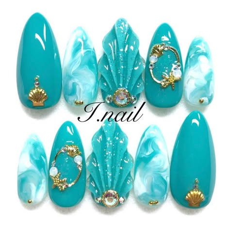 Nail Art Creative, Nails Teal, Shell Nails, Deco Nails, Elegant Touch Nails, Quick Nail Art, Sea Nails, 3d Nail Art Designs, Teal Nails