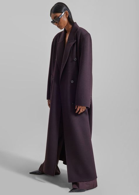 Gaia Double Breasted Coat - Dark Plum – The Frankie Shop Denim Suit, The Frankie Shop, Frankie Shop, Ny City, Paris Woman, Double Breasted Coat, Leather Texture, Oversized Silhouette, Unisex Gifts