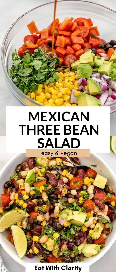 Mexican Bean Salad, Three Bean Salad, Protein Salad, Vegetarian Mexican, High Protein Vegetarian Recipes, Salad With Avocado, Vegetarian Salads, Easy Mexican, Vegan Salad