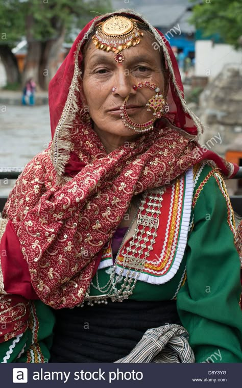 A Gaddi tribeswoman wears her finery at a celebration in the Chamba Stock Photo, Royalty Free Image: 57144180 - Alamy Himachal Jewellery, Garhwali Culture, Nath Bridal, Nose Jewels, Rajasthani Painting, Himalayas Mountain, Indian Bride Makeup, Bridal Nose Ring