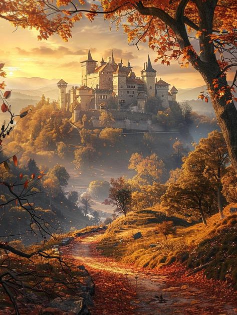 #NatureScenery #ArtAppreciation #DailyArtSharing #Scenery #Wallpaper #PhoneWallpaper #ScenerySharing #Castle #Autumn Castle Scenery, Autumn Castle, Fallen Leaves, A Fairy Tale, Fantasy Novels, Fairy Land, The Castle, Fairy Tale, The Mountain