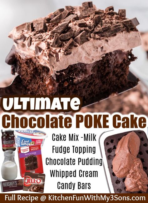 This Chocolate Poke Cake is an ultra-rich and decadent devil's food cake filled with chocolate pudding and topped with chocolate whipped cream - a chocolate lovers dream! Chocolate Cake And Pudding Dessert, Chocolate Pudding Poke Cake Cool Whip, Ding Dong Poke Cake, Devils Food Poke Cakes, Cupcake Recipes With Pudding Cake Mixes, Poke Chocolate Cake, Most Chocolate Cake Ever, Chocolate Polk Cake, Heath Bar Poke Cake Recipe