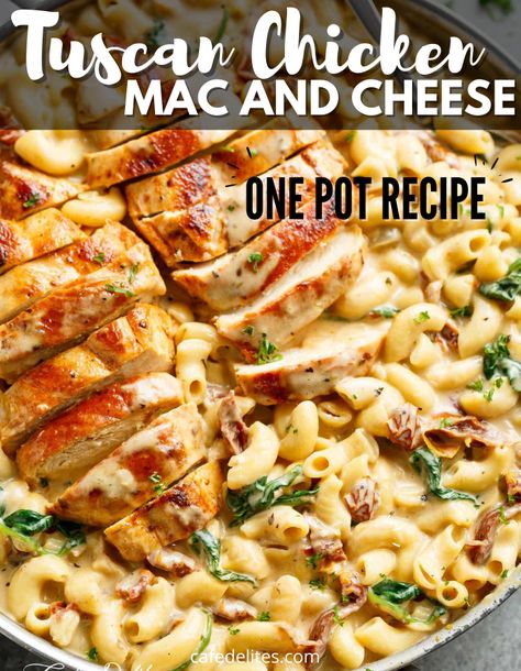 Austin Bbq, Tuscan Chicken Mac And Cheese, Chicken Mac And Cheese, Easy Mac N Cheese, Tuscan Chicken Pasta, Resep Pasta, Tuscan Chicken, One Pot Dinner, Cheap Dinner Recipes