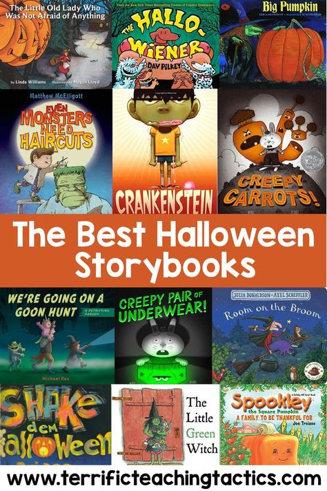 Title reads - The Best Halloween Story Books. 12 picture books are shown. Halloween Mentor Texts, October Reading Activities, Pumpkin Reading Activities, Room On A Broom, October Read Alouds, Read Alouds Kindergarten, Halloween Read Alouds, Creepy Carrots, Second Grade Books