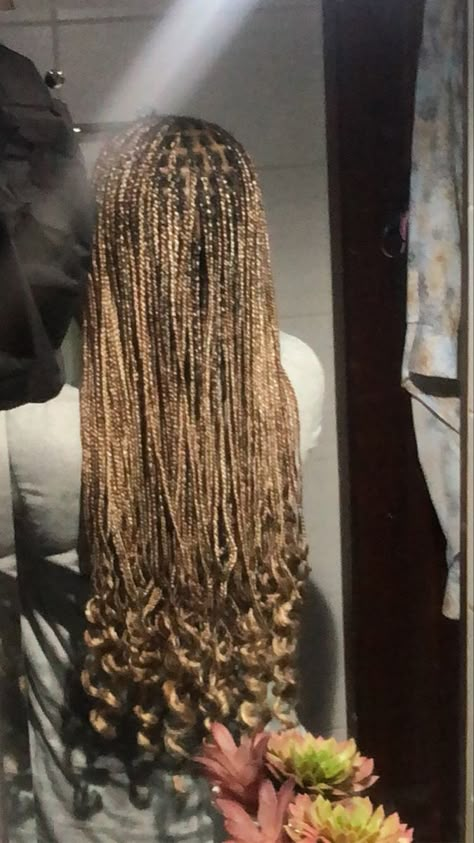 Brown And Blond Mixed Box Braids, Blond Braids With Curly Ends, Mixture Of Blonde And Brown Braids, Brown And Blonde Knotless Braids With Curls, Honey Blonde Box Braids With Curly Ends, Blonde And Brown Braids With Curls, Dark Brown Braids With Curls, Honey Brown Braids With Curls, Colour Combo Braids