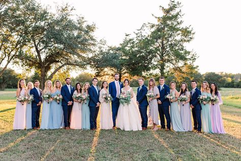 Pastel Bridesmaid Dresses With Groomsmen, Pastel Bridal Party Groomsmen, Pastel Groomsmen, Farmhouse Chic Wedding, Pastel Bridal Party, Navy Bridal Parties, Light Purple Bridesmaid Dresses, Rainbow Bridesmaids, Blue Groom