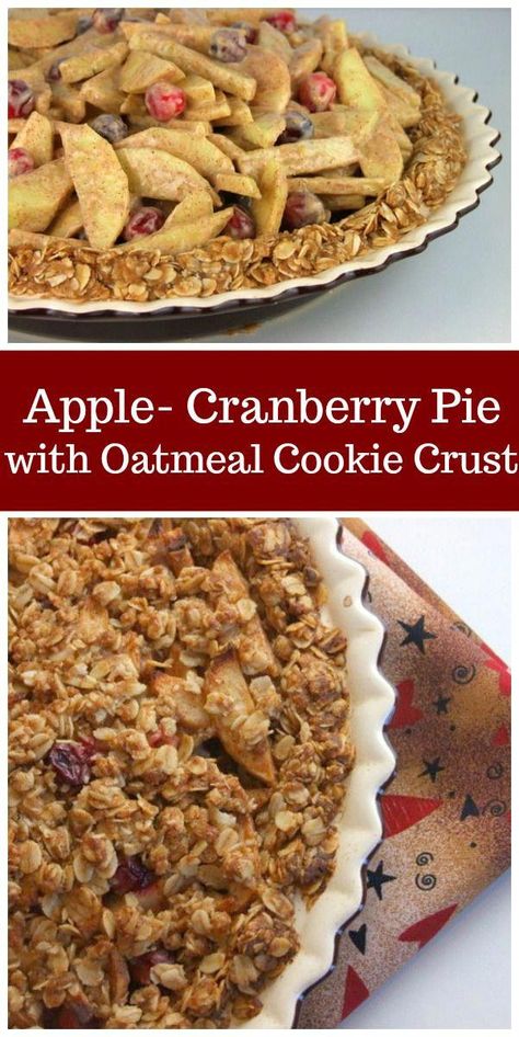 Apple Cranberry Pie with Oatmeal Cookie Crust recipe from RecipeGirl.com #apple #cranberry #pie #oatmeal #cookie #crust #recipe #RecipeGirl via @recipegirl #dessertrecipe Fruit Tart Crust, Oatmeal Cookie Crust, Cookie Crust Recipe, Oatmeal Crust, Tart Crust Recipe, Apple Cranberry Pie, Tart Crust, Cranberry Pie, Sliced Apples