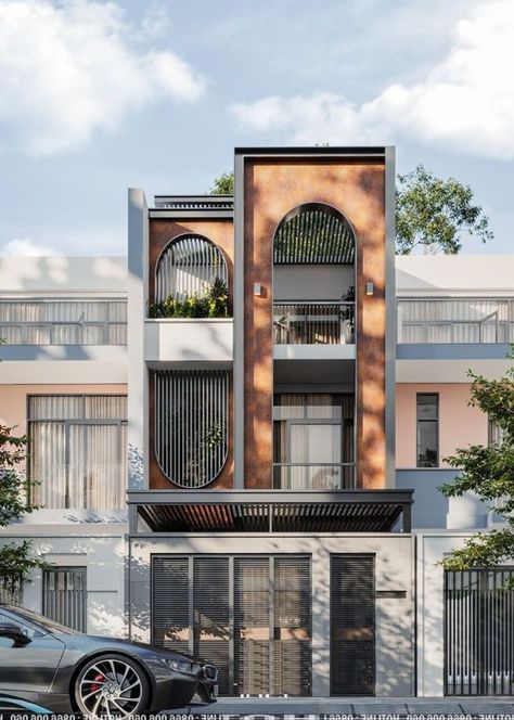 Brick Elevation Architecture, Spanish Buildings Architecture, Two Storey Apartment Design, West Facing House Elevation, Facade Townhouse, Arch Facade Design, Japanese Facade, Minimalist Building, Apartment Facade