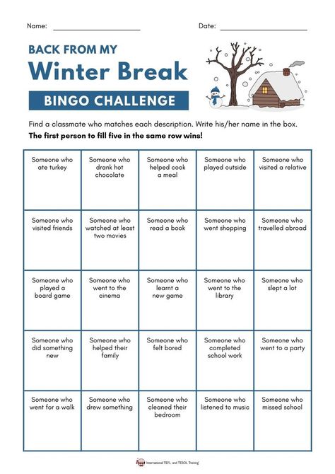 Winter Break Activities, Bingo Challenge, Summer Bingo, Holiday Bingo, Teach English Online, Summer Worksheets, Teaching English Abroad, Spring Words, Christmas Writing