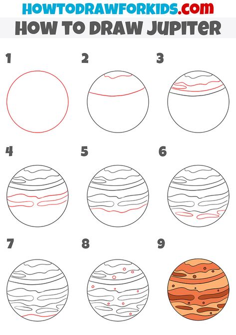 Universe Drawing Ideas Easy, Jupiter School Project Ideas, Jupiter Painting Easy, Jupiter Doodle, How To Draw Planets, Jupiter Sketch, Planet Drawing Easy, How To Draw Space, Planet Drawings