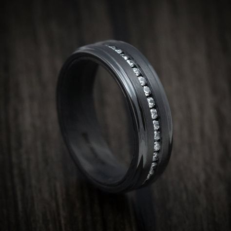 Black Titanium and Diamond Men's Ring with Forged Carbon Fiber Sleeve | Revolution Jewelry Zirconium Ring, Mens Wedding Bands Black, Black Titanium Ring, Meteorite Wedding Band, Black Zirconium Ring, Forged Carbon Fiber, Carbon Fiber Rings, Black Wedding Band, Ring Shapes