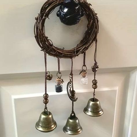 Protection Bells, Witch Bells, Hanging Witch, Crystal Wind Chimes, Door Crafts, Magical Home, Wooden Wreaths, Witchcraft Supplies, Hanging Bell