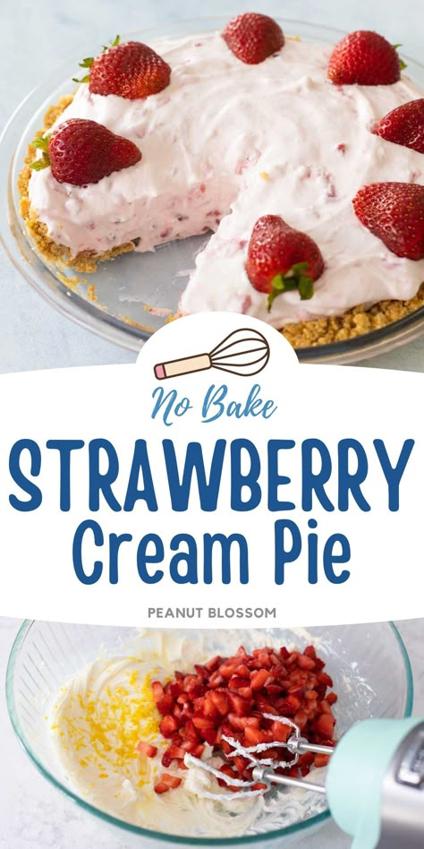 This easy no bake party dessert should be chilled for 8 hours which ensures it is a great make ahead recipe for a holiday. Sweetened cream cheese makes this strawberry cream pie in a graham cracker crust a cool and creamy treat for summer. Strawberry Chiffon Pie, Strawberry Pie Graham Cracker Crust, Strawberry Cream Cheese Dessert, No Bake Strawberry Pie, Graham Cracker Crust Dessert, Baked Strawberry Pie, Cool Whip Pies, Strawberry Cream Cheese Pie, Strawberry Cream Pie