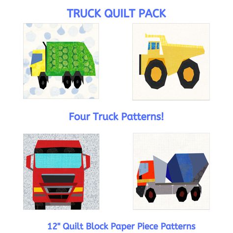 Cute Truck Quilt Block Patterns for a baby boy patchwork quilt. Four 12 inch Paper Piece Patterns including Rubbish Truck, Dump Truck, Big Red Lorry and Cement Mixer. Paper Piece Patterns, Truck Quilt Pattern, Truck Quilt, Farm Animal Quilt, Pattern Concrete, Rubbish Truck, Cement Mixer, Paper Pieced Quilt, Bird Quilt