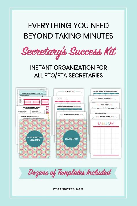 Organize all of your papers as PTO Secretary or PTA Secretary Chair with these printable binder pages and binder dividers to create the most orderly planner. The beautiful striped rainbow-esque design will look gorgeous! You'll spend less time looking for what you need, leaving you with more time for family or Netflix! You will also love the printable forms and meeting minute template . Pto Secretary, Pta Secretary, Communication Template, Pta Organization, School Volunteer, School Secretary, Best Year Ever, The Secretary, Parent Involvement