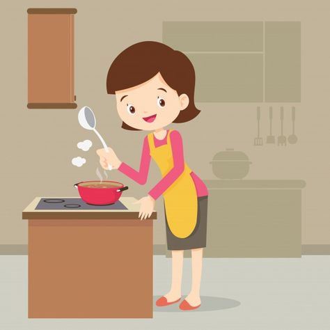 Mujer cocinando en la cocina Vector Prem... | Premium Vector #Freepik #vector #comida #escuela #mujer #chica Christmas Dinner Set, Kitchen Cartoon, Woman Cooking, Cooking In The Kitchen, Information Technology Logo, Student Cartoon, Kitchen Drawing, After School Routine, Doodle Characters