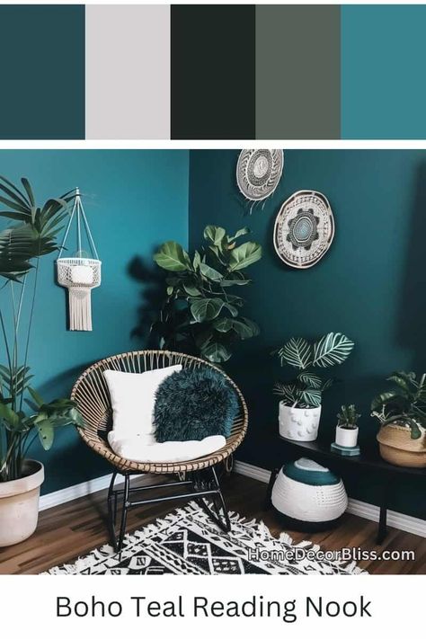 Boho Chic Reading Nook: Rich Teal Wall & Rattan Chair Teal Office Decor Ideas, Teal Office Decor, Chic Reading Nook, Teal Room, Modern Black House, Teal Rooms, Boho Chic Interior, Decor Boho Chic, Teal Living Rooms