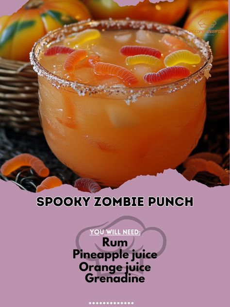 Raise your spirits with our Spooky Zombie Punch! A fun and fruity drink that’s perfect for Halloween celebrations! 🧟‍♂️🍹 #ZombieSips Spooky Zombie Punch Ingredients: Rum (2 oz) Pineapple juice (1 cup) Orange juice (1 cup) Grenadine (1 oz) Club soda (1 cup) Gummy worms (for garnish) Instructions: In a large bowl, combine rum, pineapple juice, and orange juice. Slowly pour in grenadine for a layered effect. Top with club soda and stir gently. Garnish with gummy worms for a spooky touch. 🧟‍♂... Zombie Punch, Sherbet Punch, Yummy Alcoholic Drinks, Jungle Juice, Gummy Worms, Fruity Drinks, Boozy Drinks, Club Soda, Alcohol Drink Recipes