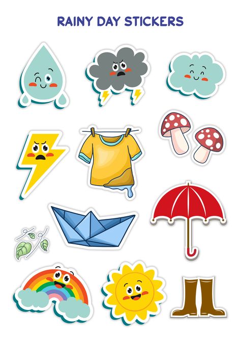 Rainy day stickers Monsoon Journal Ideas, Monsoon Day Celebration In School, Rainy Day Celebration In Preschool, Rainy Season Decoration For School, Rainy Day Decoration In Preschool, Rainy Season Decoration, Rainy Season Board Decoration Ideas, Rainy Stickers, Rainy Season Pictures