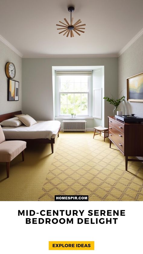 Transform your space with this serene mid-century bedroom design! Featuring a sunken lounge area with a plush avocado green carpet, a walnut wood bed with tapered legs, and a vintage starburst clock. Appreciate the charm of soft pastel-toned geometric walls and a vintage record player on a teak sideboard. Save this idea for a touch of retro elegance! #MidCenturyModern #BedroomDesign #VintageDecor #InteriorDesign #HomeInspiration