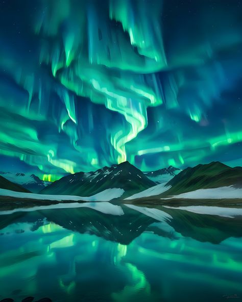 Traditional watercolor painting of mountains reflected in a lake with a green aurora borealis in the sky. This stunning artwork features a color scheme inspired by Jessica Rossier. The northern lights serve as a captivating background, adding an ethereal touch to the scene. This painting is currently trending on Unsplash and has been featured for its mesmerizing depiction of the aurora borealis. Abstract Aurora Borealis, Aurora Borealis Digital Art, Aurora Borealis Mountains, Gouache Northern Lights, Northern Light Watercolor, Aurelia Borealis, Northern Lights Aesthetic, Aurora Painting, Aurora Borealis Painting