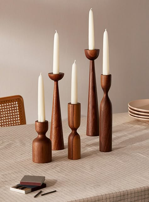 Scandinavian candlestick set With candles | La Fabrique Déco | | Simons Long Wood Candle Holder, Wood Turning Candle Holder, Wood Candlestick Holders, Mcm Candle Holder, Small Wood Turning Projects, Wooden Candlesticks Diy, Mini Lathe Projects, Turned Wood Candle Holders, Walnut Decor