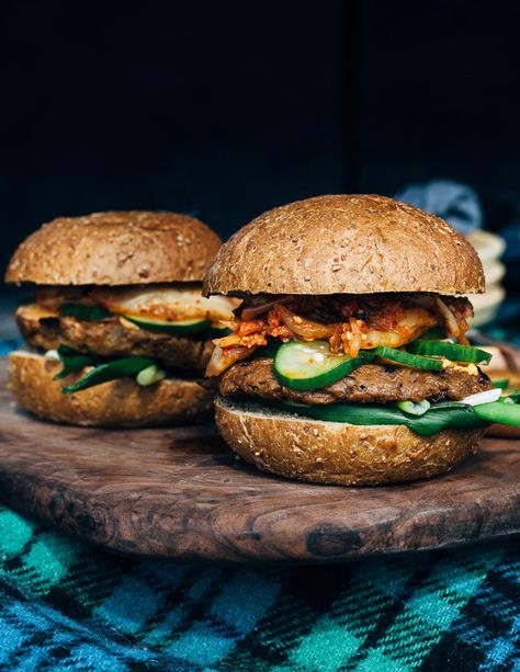 Kimchi Burger, Gochujang Recipe, Whole Wheat Rolls, Vegetarian Bbq, Plant Based Burgers, Vegan Burger, Veggie Burgers, Vegan Burgers, Seasonal Food