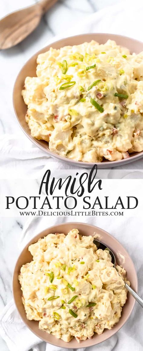 Amish Potato Salad is a summer time staple. This side dish recipe is made with chunks of potatoes, onion and red pepper tossed in a sweet and tangy dressing. Amish Potato Salad is the best for serving at backyard barbecues and cookouts. | #amishrecipe #potatosalad #amishpotatosalad #sideside #summerrecipe Potato Salad With Sweet Relish, Potato Salad Dressing Recipe, Amish Potato Salad Recipe, Amish Potato Salad, Amish Potato Salads, Delicious Potato Salad, Red Potato Salad Recipe, Potatoes Salad, Potatoe Salad