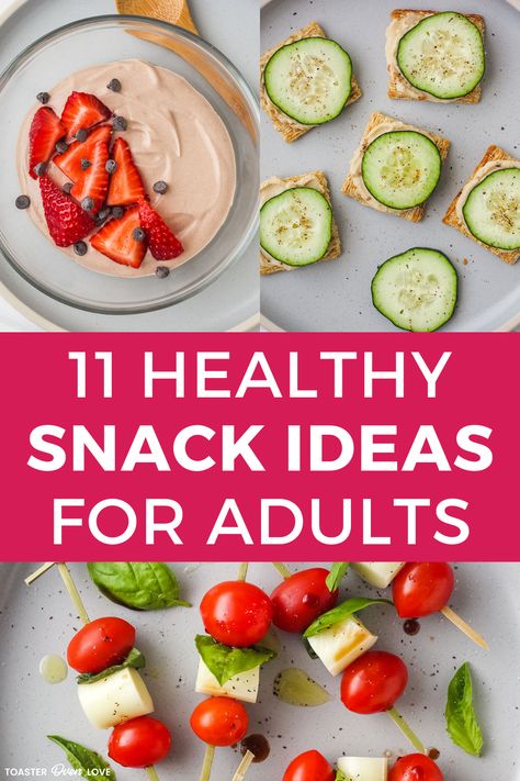 Small bowl with yogurt, plate of crackers with hummus and cucumber slices, and grape tomatoes and mozzarella cheese on toothpicks with basil leaves. Easy Snacks For Adults, Vegetarian Snack Ideas, Yogurt With Strawberries, Easy Healthy Cookies, Cucumber Hummus, Snack Ideas For Adults, Fingerfood Recipes, Chocolate Greek Yogurt, Snacks For Adults