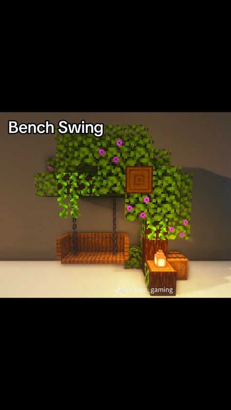 Minecraft Tree Garden, Minecraft Swingset, Minecraft Park Bench Ideas, Minecraft Hanging Bench, Bench In Minecraft, Minecraft Chair Designs, Minecraft Outdoor Decor Ideas, Minecraft Benches, Minecraft Swinging Bench