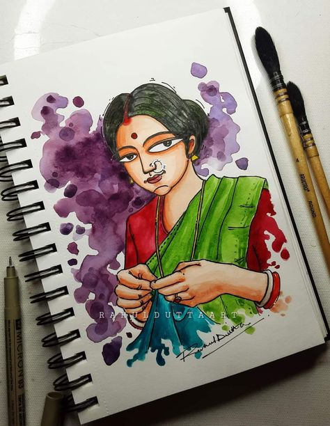 Bengali Art Sketch, Bengali Drawing, Bengali Illustration Art, Water Colour Painting Ideas Inspiration, Bengali Aesthetic, Canvas Art Painting Abstract, Bengali Art, Boho Art Drawings, Canvas Art Quotes