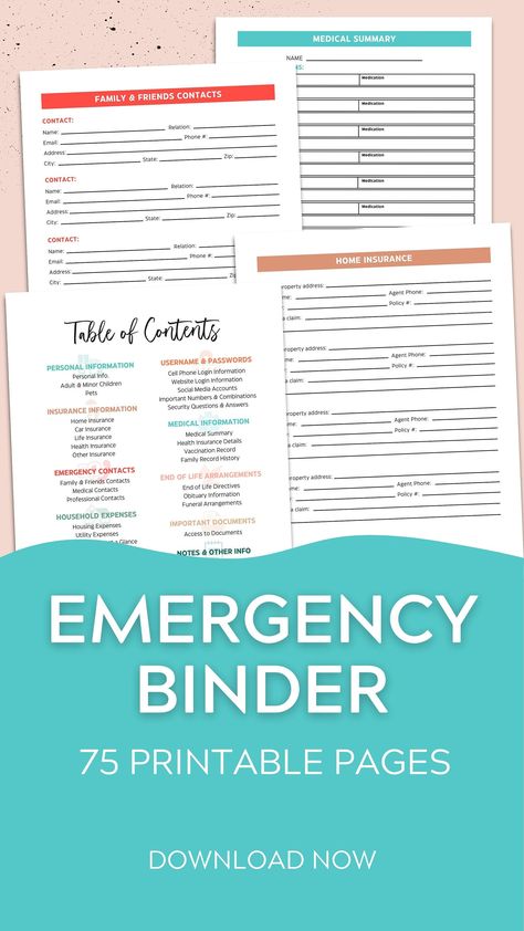 Life Binder Categories, Emergency Binder Free Printables, Emergency Binder Printables, In Case Of Emergency Binder, Document Binder, Document Checklist, Doc Mcstuffins Coloring Pages, Study Binder, Emergency Preparedness Binder