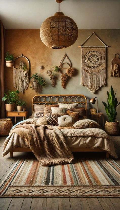 Boho Rattan Bedroom, Bohemian Closet, Moroccan Decor Bedroom, Warm Home Aesthetic, Rattan Bedroom, Bohemian Bedroom Design, Inviting Bedroom, Bohemian Chic Decor, Bedroom Decor Lights