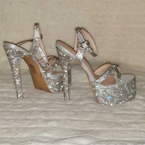 Silver Sparkling Rhinestones Approx. 2.5" Platform With A 6.5" Heel Sexy Ankle Strap With Buckle Closure New In Box Photos Taken With And Without Flash Pageant Platform Ideas, Sparkling High Heels, Prom Heels Sparkly, Rhinestone Platform Heels, Disco Shoes, Glittery Heels, Sparkle High Heels, Silver Rhinestone Heels, Pocket Shoes