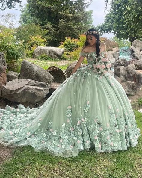 Angelsbridep Mint Green Ball Gown Quinceanera Dresses With 3D Flower Princess Birthday Party Dress Green Ball Gown Dress, Sage Quinceanera, Sage Green Ball Gown, Green Quince Dress, Charro Quince, Green Quinceanera Dresses, Green Ball Gown, Green Quince, Quinceanera Themes Dresses