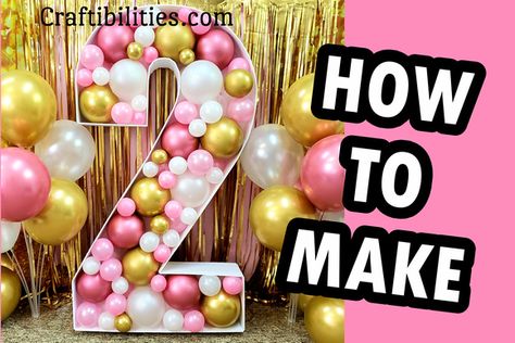 2nd birthday balloon mosaic - Pink & gold themed decoration filled with balloons. Easy to make and use any colors or themed balloons. Great second birthday party decor idea or drive-by decoration. I have the free template for 0, 1, 2, 3, 6 & 8. Foam Numbers Birthday Parties, Foam Board Numbers With Balloons, Balloon 2 Number, 3d Numbers Diy Birthday Parties, Number 2 Balloon Decoration, Diy Number Balloons, 2 Birthday Decoration Ideas, Diy 2nd Birthday Decorations, Birthday Photo Decoration Ideas