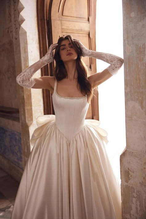 Pnina Tornai LOVE BY PNINA TORNAI 2024 Collection Satin Ballgown Wedding Dress, Wedding Dress Pearls, Square Neck Wedding Dress, Satin Ballgown, Walnut Creek California, Pearl Wedding Dress, Ballgown Wedding Dress, Dreamy Wedding Dress, Basque Waist