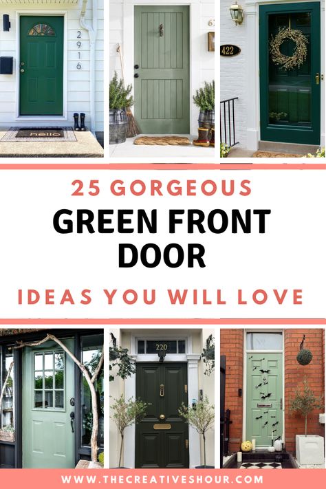 Sage Green Front Door Red Brick House, Green Front Door With Storm Door, Green Front Door Gray House, Green Exterior Door Colors, Black House Green Door, Green Door Colors, Tan House Front Door Color, Forest Green Front Door, Green Front Door Brick House