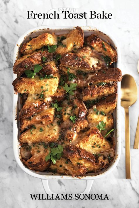 A great dish for easy entertaining—you can assemble everything the night before and pop it in the oven about 45 minutes before you want to serve it—this savory French toast bake gets its richness from a combo of Parmesan and nutty Gruyère cheese. Challah and brioche have fluffy textures that absorb the egg custard perfectly. Cheesy French Toast, Savory Brioche, Savory French Toast, Savoury French Toast, Brunch Items, Ceramic Baking Dish, Egg Custard, Summer Brunch, Bread Toast