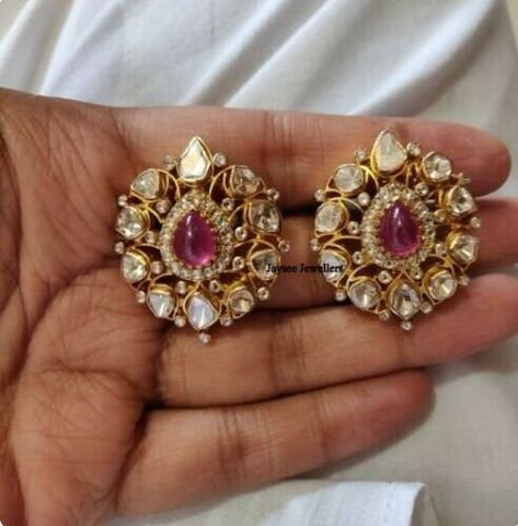 Polki Studs Uncut Diamond, Polki Earrings Studs, Studs Earrings Gold India, Uncut Earrings, Polki Studs, Round Earrings Gold, Ruby Earring, Emerald Diamond Earrings, Ruby Earrings Studs