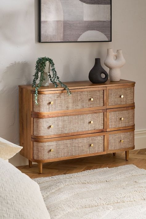 Buy Mid Natural Odella Mango Chest of Drawers from the Next UK online shop Cosy Room Ideas Aesthetic, Wardrobe In Bedroom Ideas, Boho Bedroom Furniture Ideas, Boho Rattan Bedroom, Mango Wood Bedroom, Bedroom Chest Of Drawers Styling, Rattan Bedroom Ideas, Chest Of Drawers In Bedroom, Bedroom Drawers Ideas