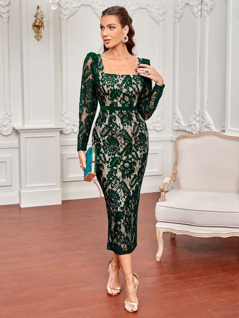 Lace Dress Classy, Formal Dress Patterns, Lace Dress Styles, Green Lace Dresses, Elegant Dresses Classy, Lace Dress With Sleeves, Stylish Party Dresses, Classy Dress Outfits, Lace Bodycon