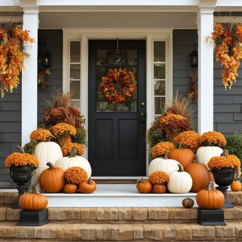 Fall Exterior Decor Front Porches, Fall Outdoor Decor Porch, Southern Porch, Thanksgiving Table Decor Ideas, Porch Pumpkins, Thanksgiving Table Decor, Neutral Fall Decor, Fall October, Favourite Season