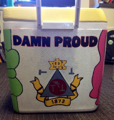 Fraternity Cooler. Phi Sigma Kappa Crest. Painted Fraternity Coolers, Mountain Weekend Cooler, Fraternity Cooler, Formal Coolers, Frat Formal, Fraternity Formal, Formal Cooler Ideas, Greek Crafts, Painted Coolers