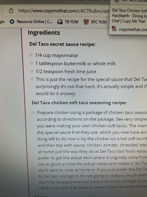 Del Taco Chicken Soft Tacos, Del Taco Secret Sauce, Del Taco Secret Sauce Recipe, Secret Sauce Recipe, Chicken Soft Tacos, Taco Chicken, Garlic Sauce Recipe, Taco Seasoning Recipe, Del Taco