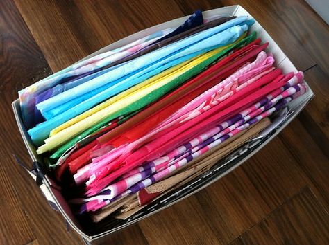 How To Store Tissue Paper, Organize Tissue Paper, Wrapping Room, Tissue Paper Storage, Wrap Storage, Gift Bag Organization, Organising Ideas, Organize Ideas, Wrapping Paper Storage