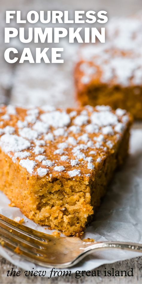 Flourless Pumpkin Spice Cake is the ultimate gluten free pumpkin dessert ~ a cross between a pumpkin cake and a pumpkin pie! Dairy Free Pumpkin Dessert, Fall Desserts Gluten Free, Gluten Free Pumpkin Desserts, View From Great Island Recipes, Pumpkin Spice Cake Recipe, Mat Inspiration, The View From Great Island, Dairy Free Pumpkin, Island Recipes