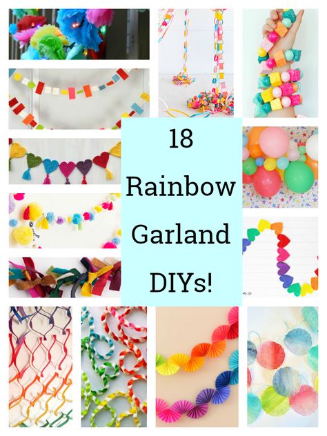 These stunning rainbow garland DIYs will add festive color to your home! Felt, paper, yarn and more, there is something here for everyone to create! Diy Rainbow Decorations, Diy Garland Paper, Diy Playroom, Rainbow Party Decorations, Rainbow Garland, Rainbow Diy, Paper Yarn, Artificial Christmas Garland, Diy Rainbow