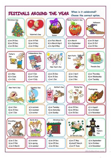 Festivals Around the Year Multiple Choice - English ESL Worksheets for distance learning and physical classrooms New Year Worksheet, Holiday Worksheets, World Teacher Day, History Worksheets, Beginner Reader, Esl English, Pattern Worksheet, Celebration Around The World, Teaching Esl